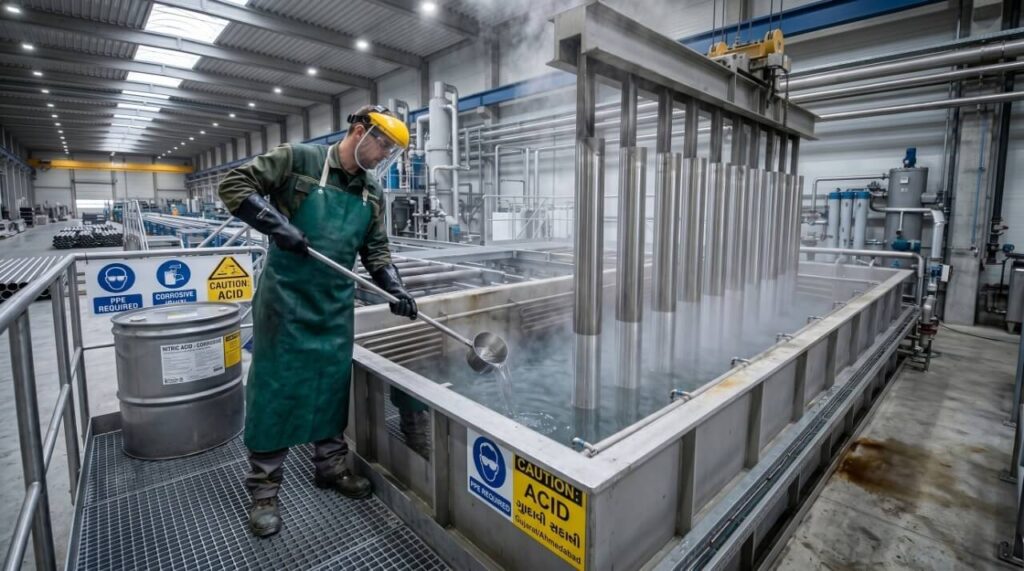 safety PPE chemical pickling descaling stainless steel plant operator