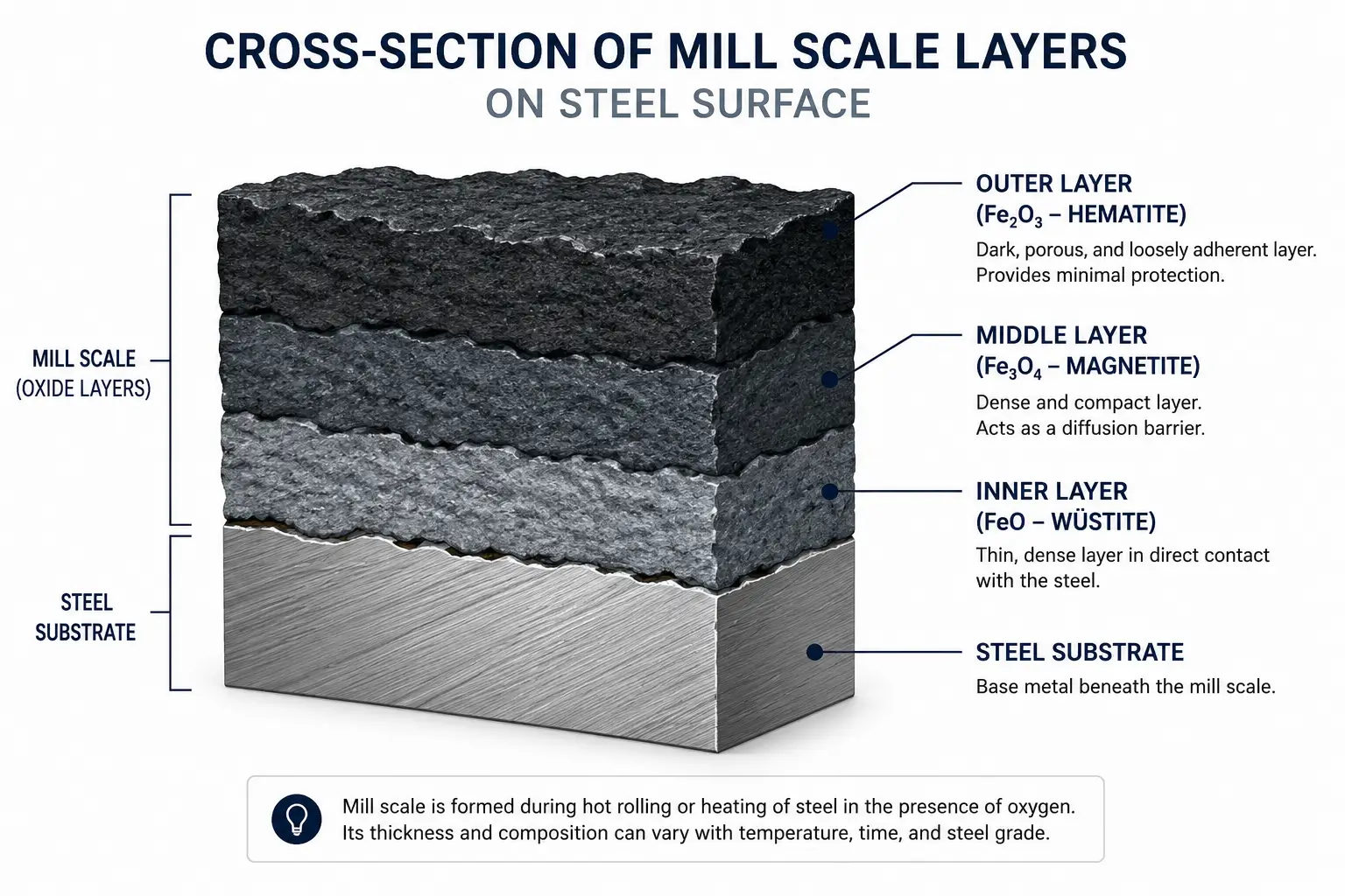 Mill scale layers on steel before pickling in hot dip galvanizing